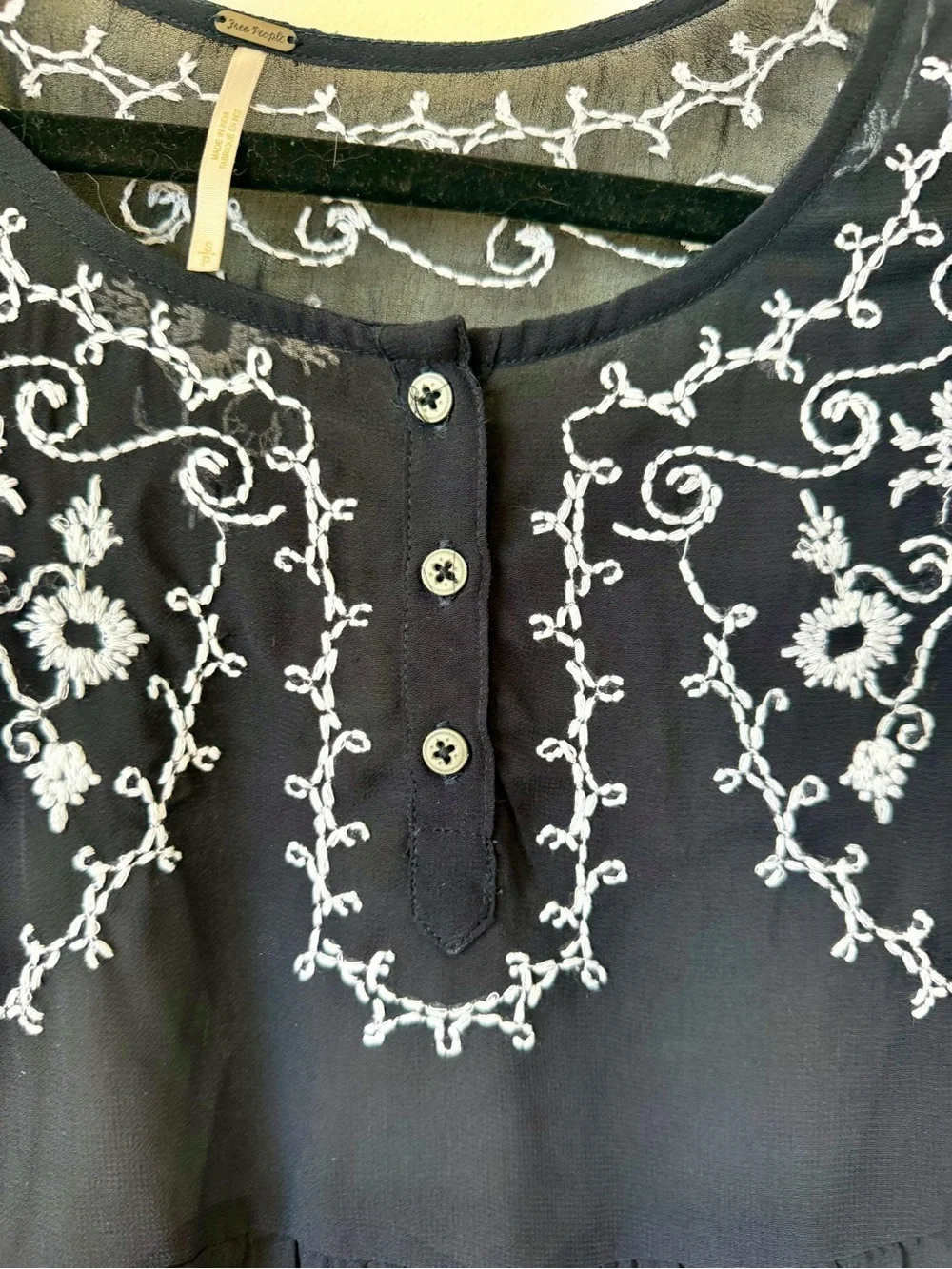 FREE PEOPLE Black Sheer Embroidered Babydoll Peplum Blouse—SZ. Small
